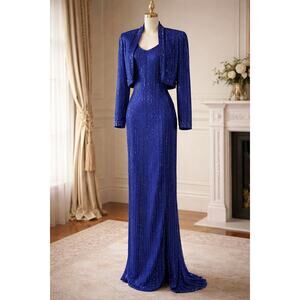 Vintage Riazee Nights Naeem Khan Beaded Silk Gown & Jacket Set Royal Blue Small
